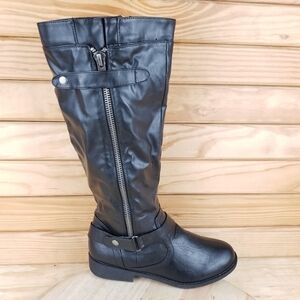 Black Riding Boots Side Zip Moto Biker Faux Leather Size 9 M NEW Attention QUIN